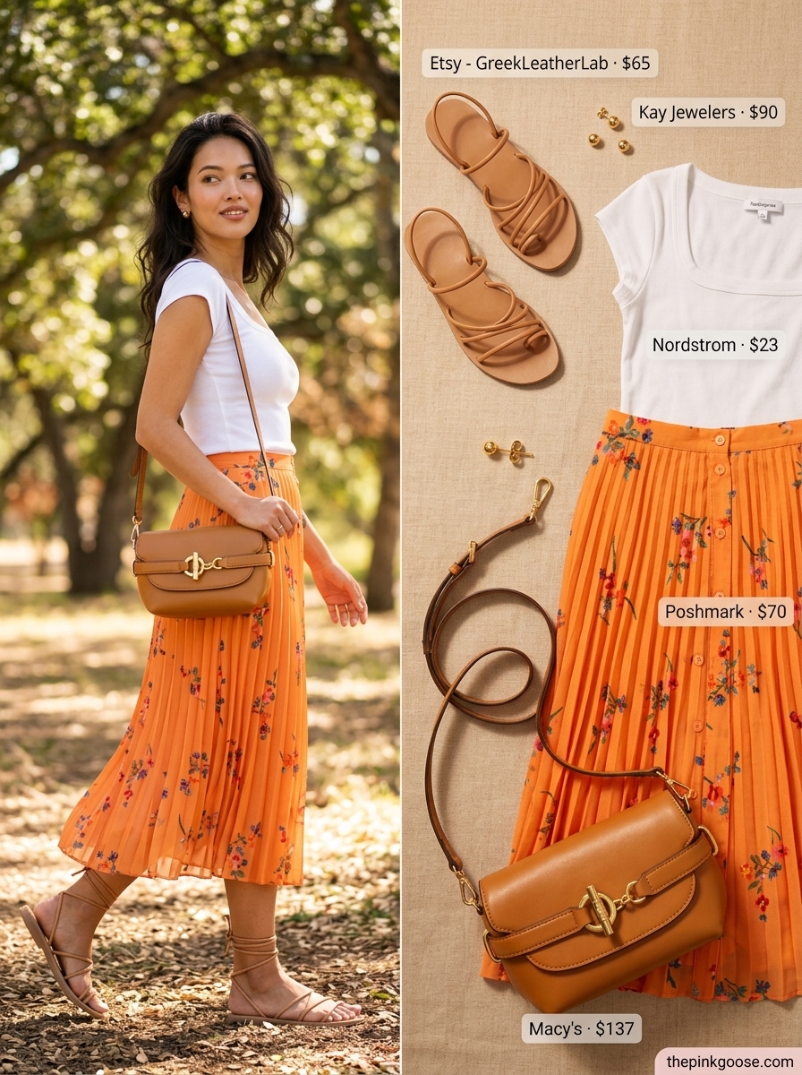Summer outfits for women with blonde hair 2026: Orange floral midi skirt with cream top and tan sandals.