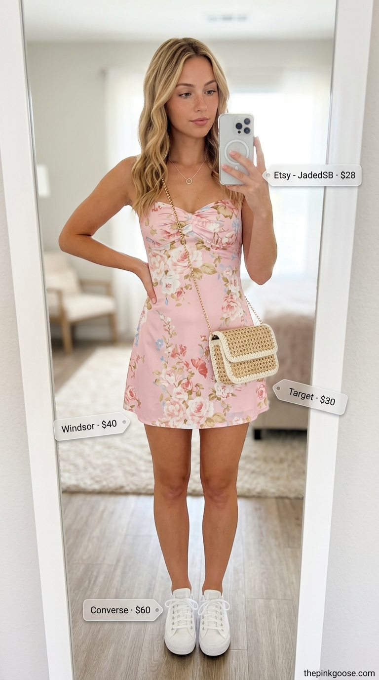 Summer outfits for women with blonde hair 2026: Pastel pink floral sundress with white sneakers for a picnic.