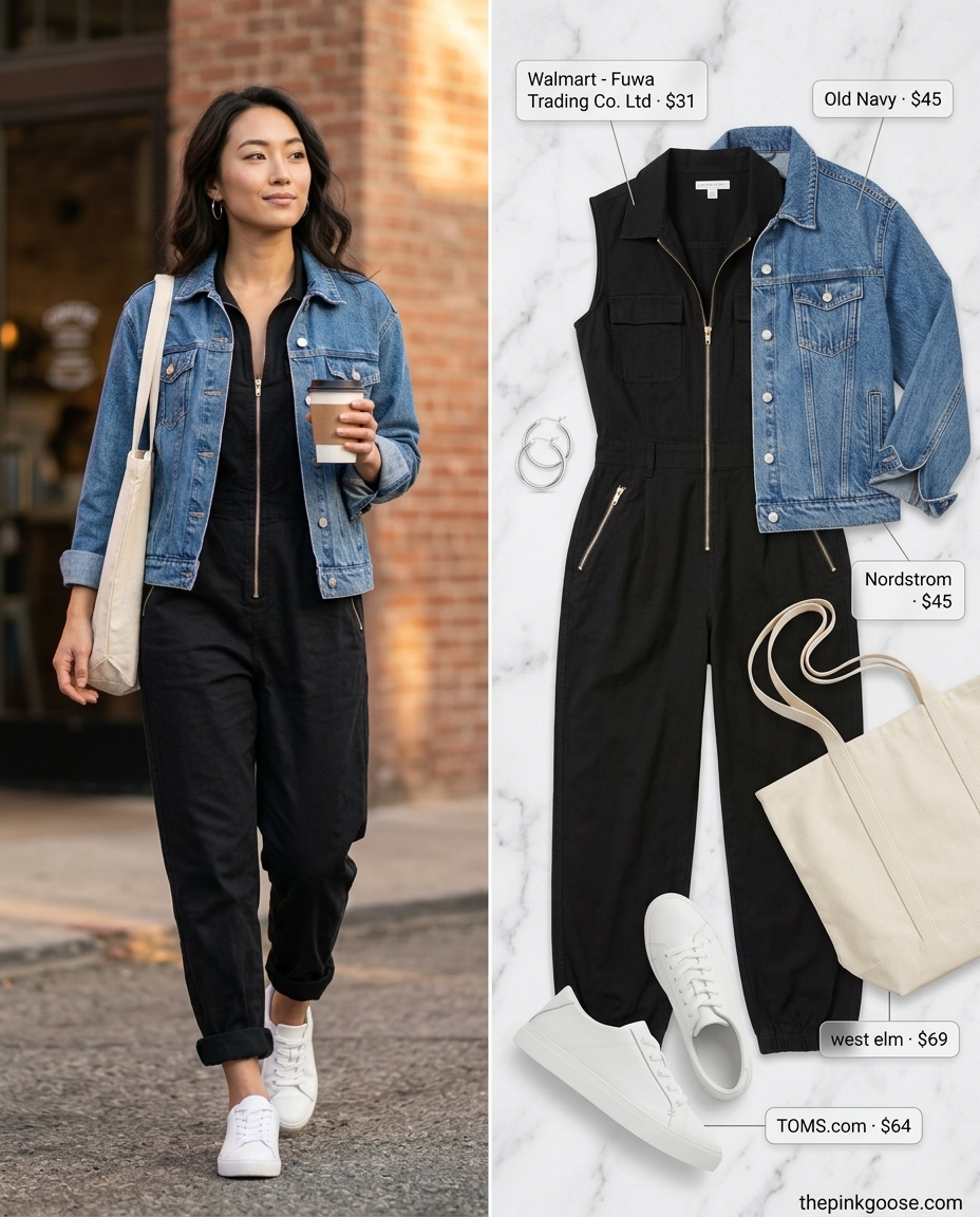 Summer outfits for women with blonde hair 2026: Sporty black jumpsuit with denim jacket and white sneakers.