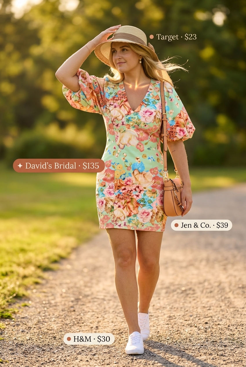 Summer outfits for women with olive skin tone 2026: Coral floral mini dress with white sneakers for a playful day out.