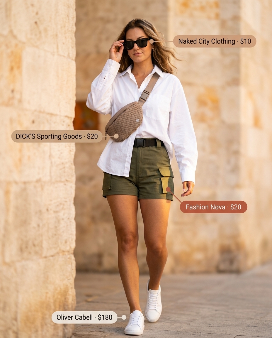 Summer outfits for women with olive skin tone 2026: Olive cargo shorts with white shirt and sneakers for urban exploration.