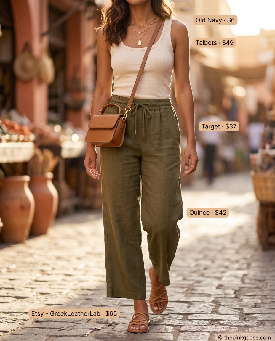 Summer outfits for women with olive skin tone 2026: Olive linen pants with cream tank and tan sandals for a chic day out.