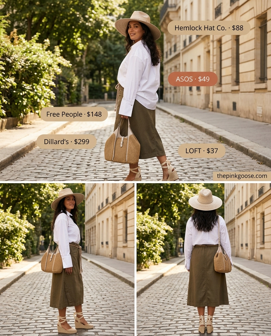 Summer outfits for women with olive skin tone 2026: Olive midi skirt with white shirt and espadrilles for a polished look.