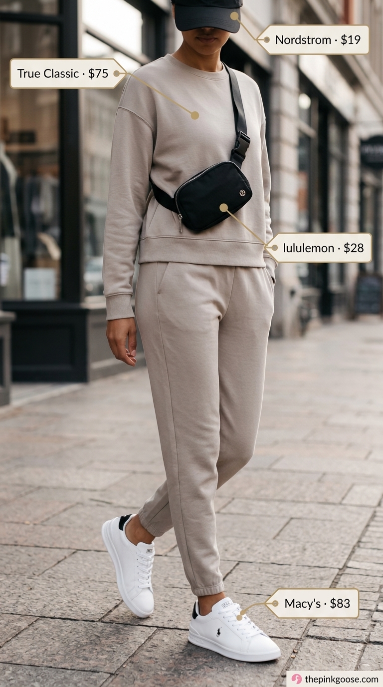 Sporty chic athleisure set for summer outfits for women with olive skin tone 2026. Taupe sweatshirt & joggers, white sneakers, black belt bag.