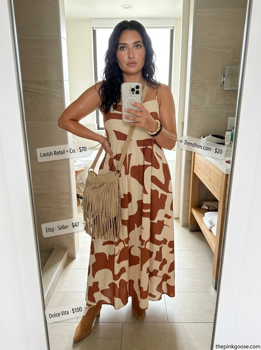 Bohemian maxi dress for summer outfits for women with olive skin tone 2026. Terracotta tiered dress, brown ankle boots, beaded bracelets.