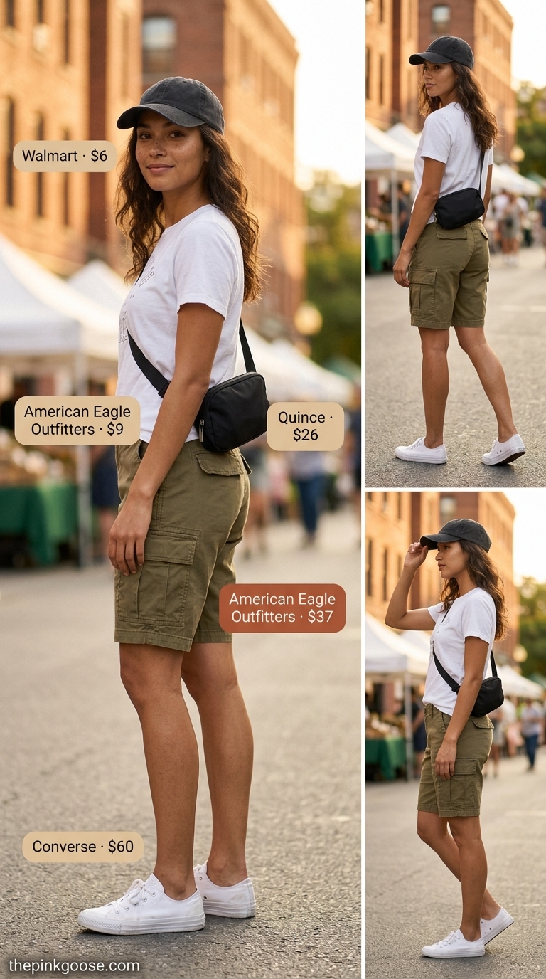Weekend explorer shorts outfit for summer outfits for women with olive skin tone 2026. Olive green cargo shorts, white graphic tee, sneakers, cap.