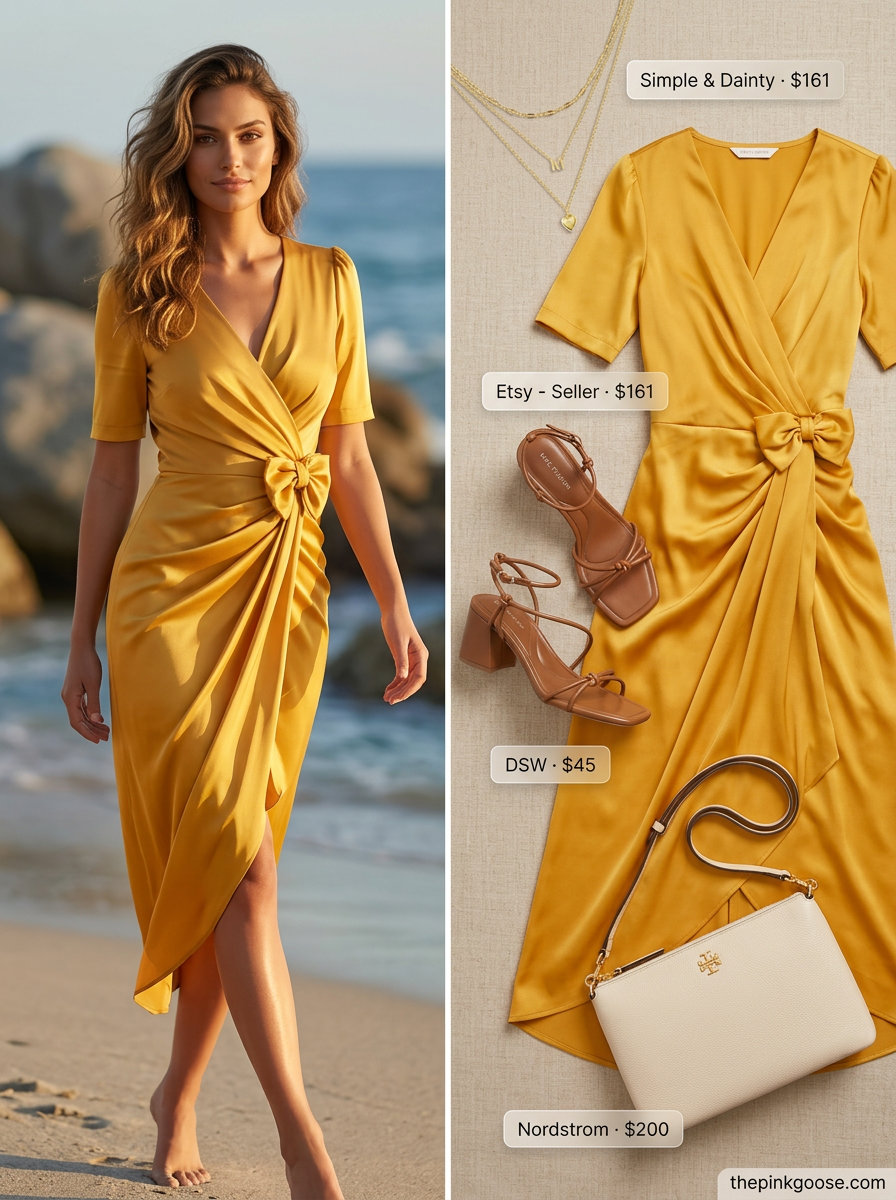 Summer outfits for women with olive skin tone 2026: Golden yellow wrap dress with brown sandals and cream crossbody bag for summer evening.