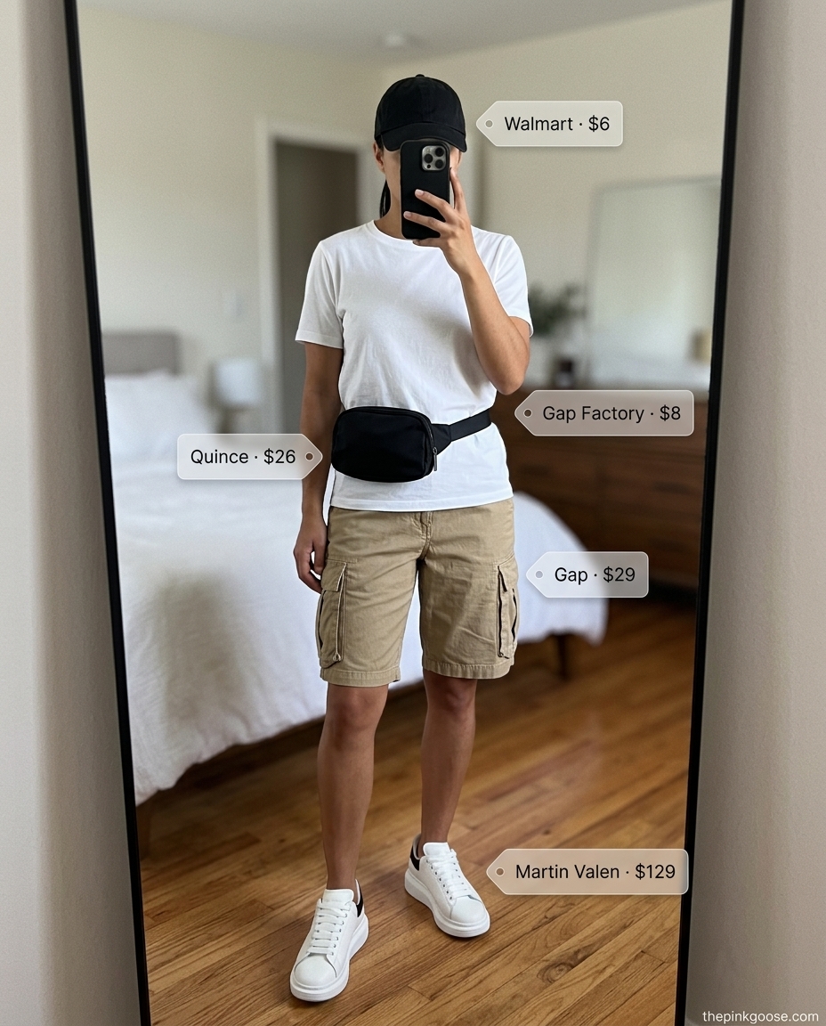 Summer outfits for women with olive skin tone 2026: Khaki cargo shorts with white tee, black belt bag, and sneakers for a casual day out.