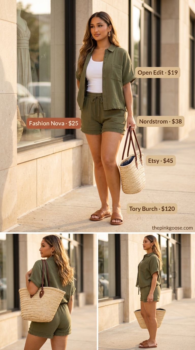 Elevated linen shorts set for summer outfits for women with olive skin tone 2026. Olive green shirt & shorts, white tank, tan sandals, gold hoops.