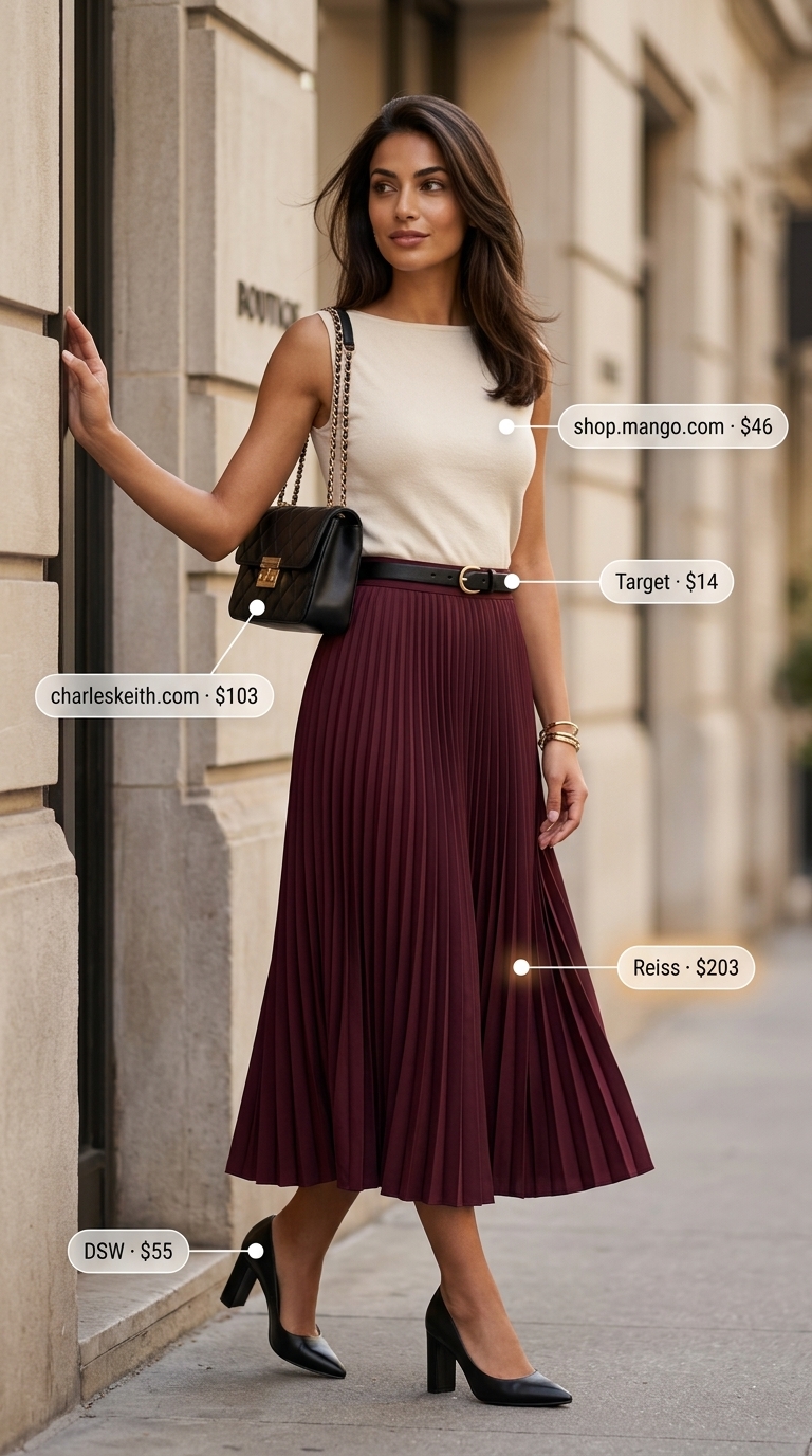 Chic midi skirt and knit top for summer outfits for women with olive skin tone 2026. Burgundy skirt, cream top, black pumps & belt.