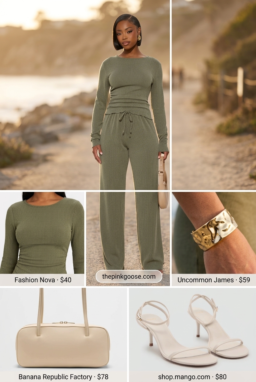Summer outfits for women with olive skin tone 2026: Olive green knit co-ord set with cream sandals and gold jewelry for a chic dinner date.