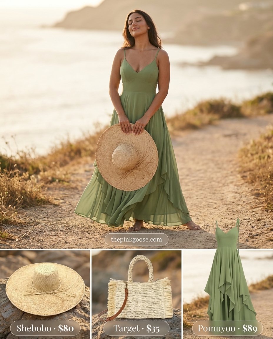 Summer outfits for women with olive skin tone 2026: Olive green maxi dress with straw hat and woven bag for a beach vacation.