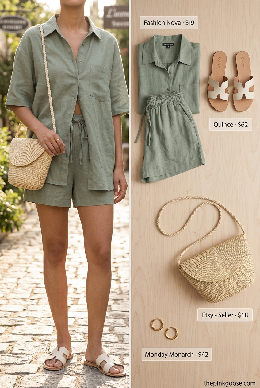 Summer outfits for women with olive skin tone 2026: Sage green linen shorts set with cream slides and gold hoops for casual brunch.