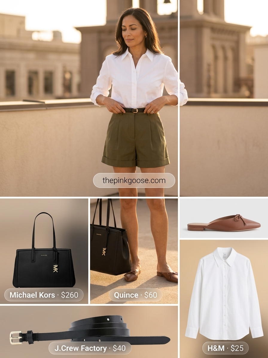 Modern tailored shorts outfit for summer outfits for women with olive skin tone 2026. Olive green shorts, white shirt, black mules & tote.