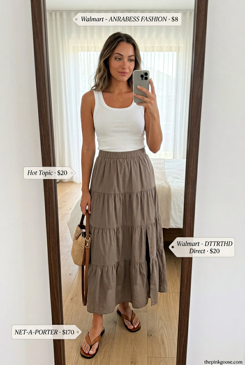 Summer outfits for women with olive skin tone 2026: Terracotta midi skirt with white tank, tan sandals, and straw bag for casual evening.