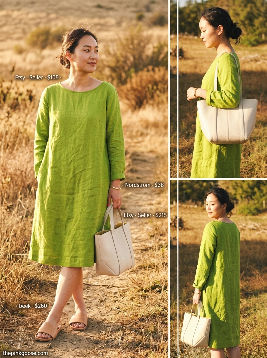 Olive tunic dress ease for summer outfits for women with olive skin tone 2026. Olive green midi tunic, tan slides, structured tote, gold bangle.