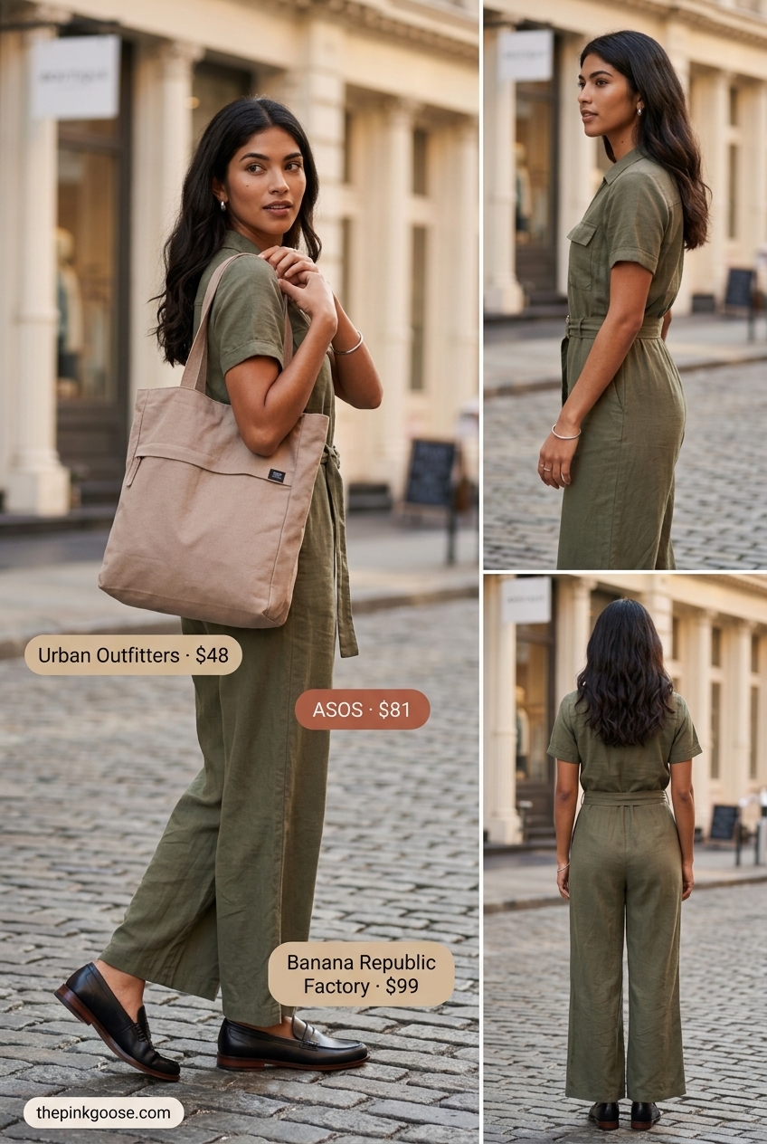 Summer outfits for women with olive skin tone 2026: Olive utility jumpsuit with black loafers for a chic casual day.