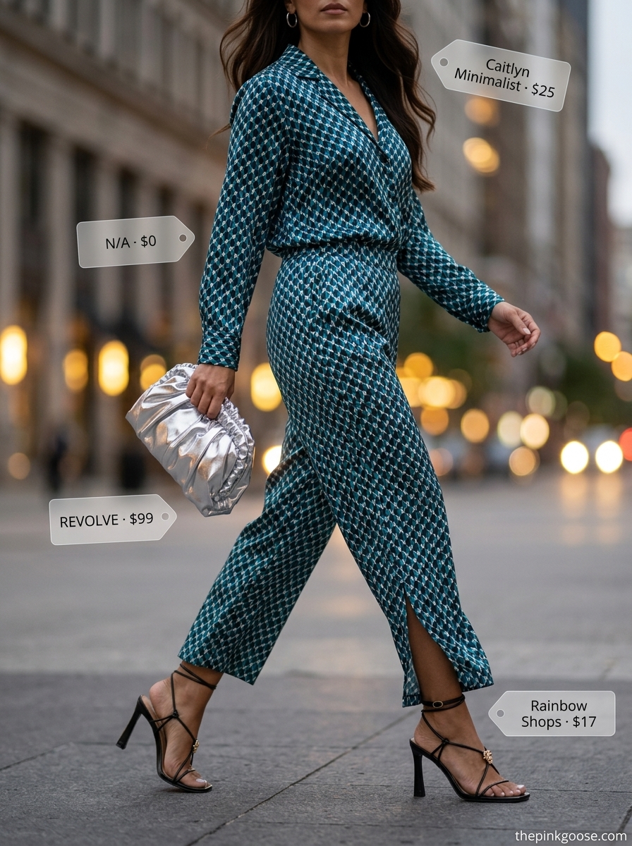 Summer outfits for women with olive skin tone 2026: Teal and black two-piece set with silver heels for a bold party look.