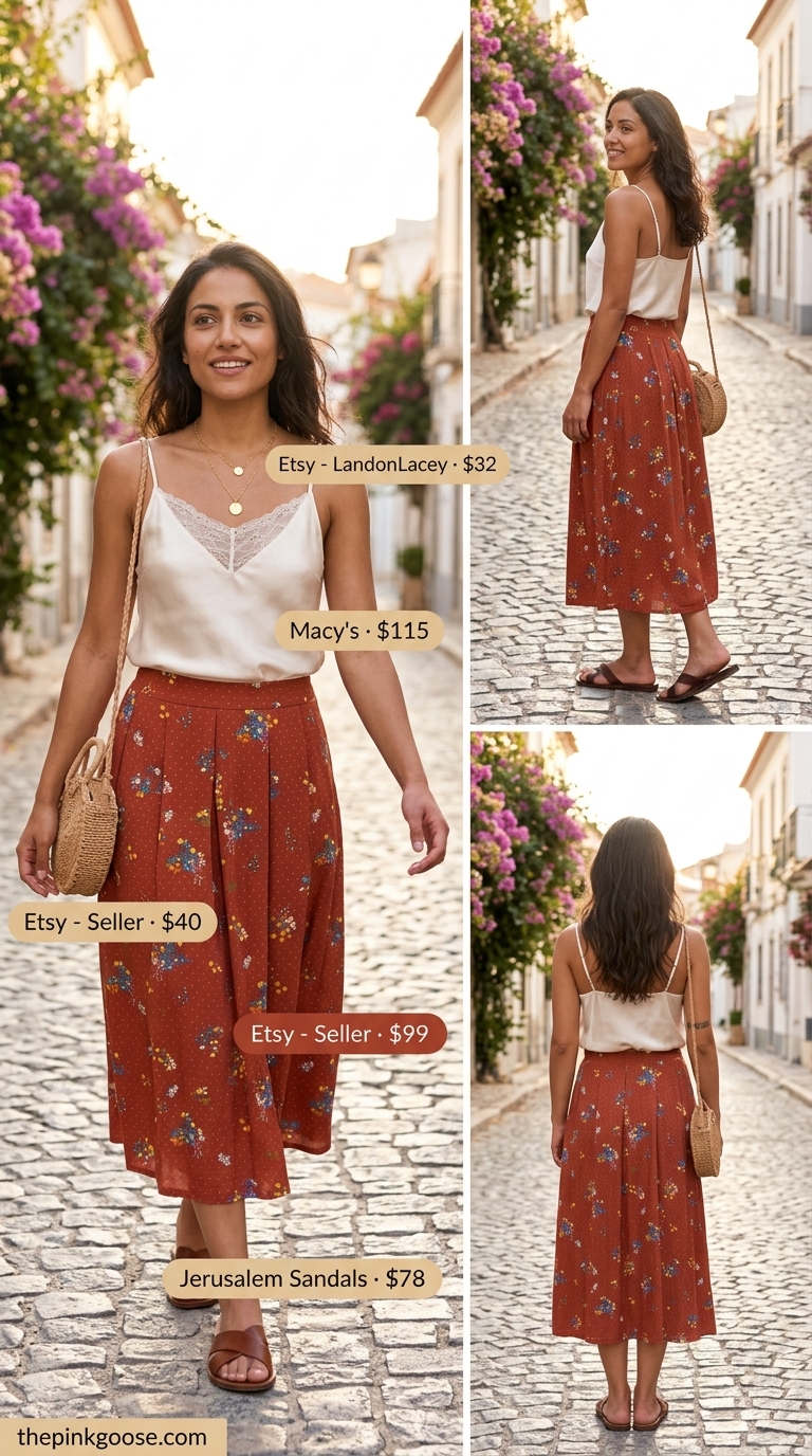 Boho rust floral pleated midi skirt outfit: Cream cami, leather sandals for music festival.