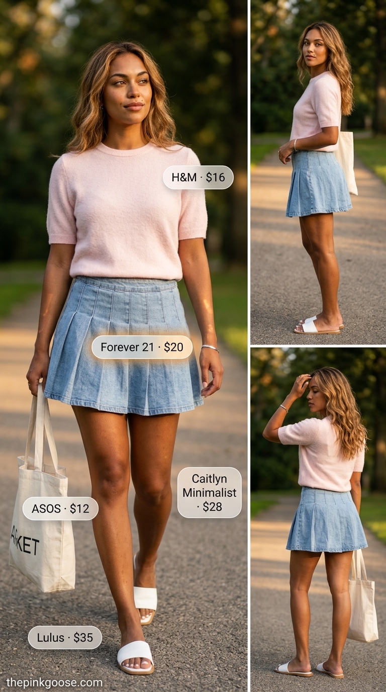 Casual denim outfit with light wash pleated mini skirt, pastel pink sweater, and white sandals. Summer pleated skirt outfits 2026.
