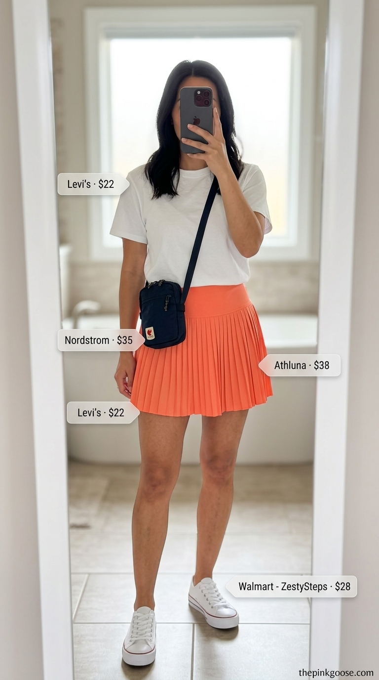 Playful coral pleated mini skirt outfit: Graphic tee, white sneakers for city exploration.