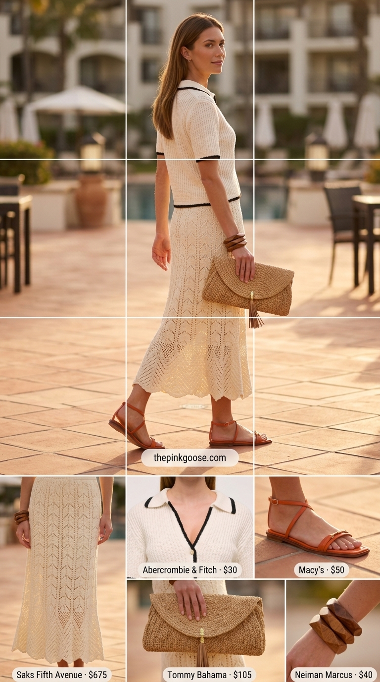 Ecru crochet pleated midi skirt outfit for a resort evening, outdoor dinner, or vacation event. Relaxed elegance.