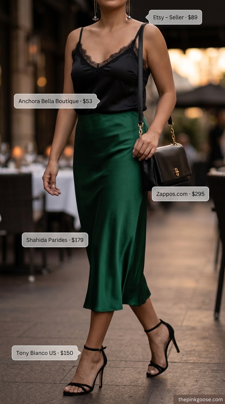 Emerald green pleated skirt outfit for date night, cocktail party, or summer wedding guest. Sophisticated look.