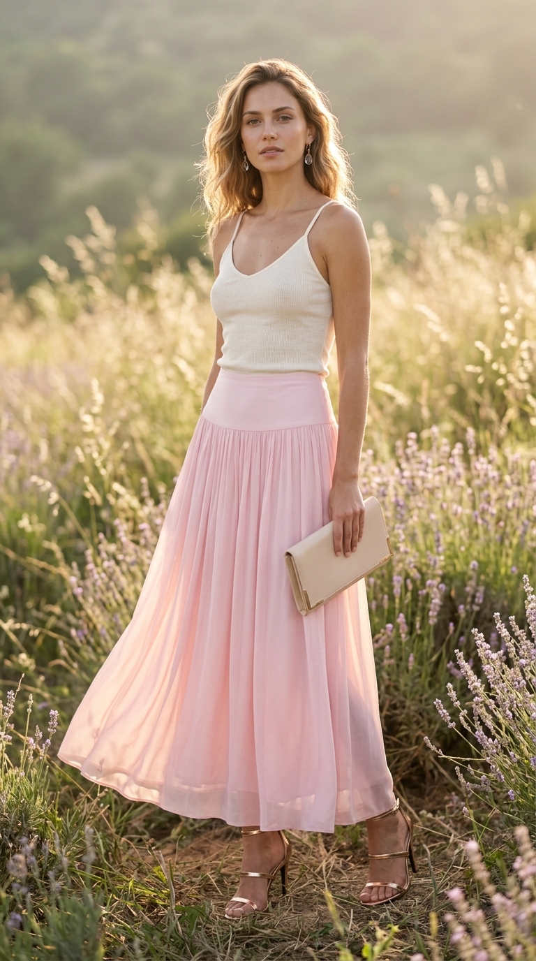 Romantic blush pink pleated maxi skirt outfit: Nude camisole, rose gold sandals for garden party.