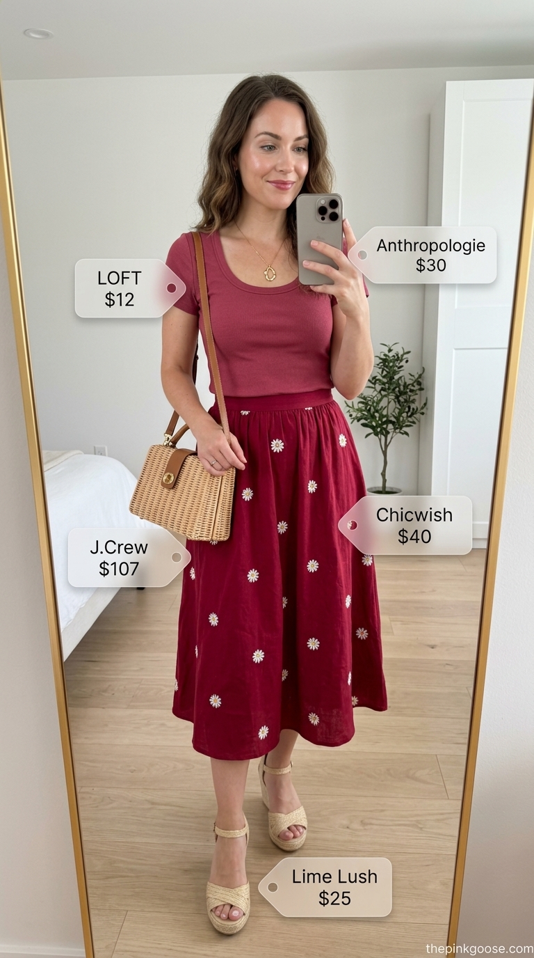 Garden party outfit with pink floral pleated midi skirt, white knit top, and rattan bag. Summer pleated skirt outfits 2026.