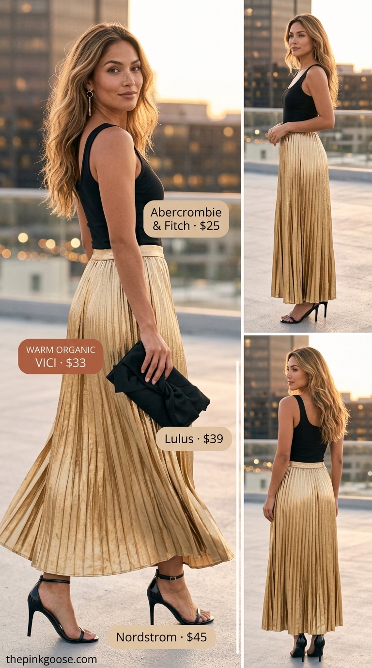 Glamorous champagne gold metallic pleated skirt outfit for a summer wedding guest.