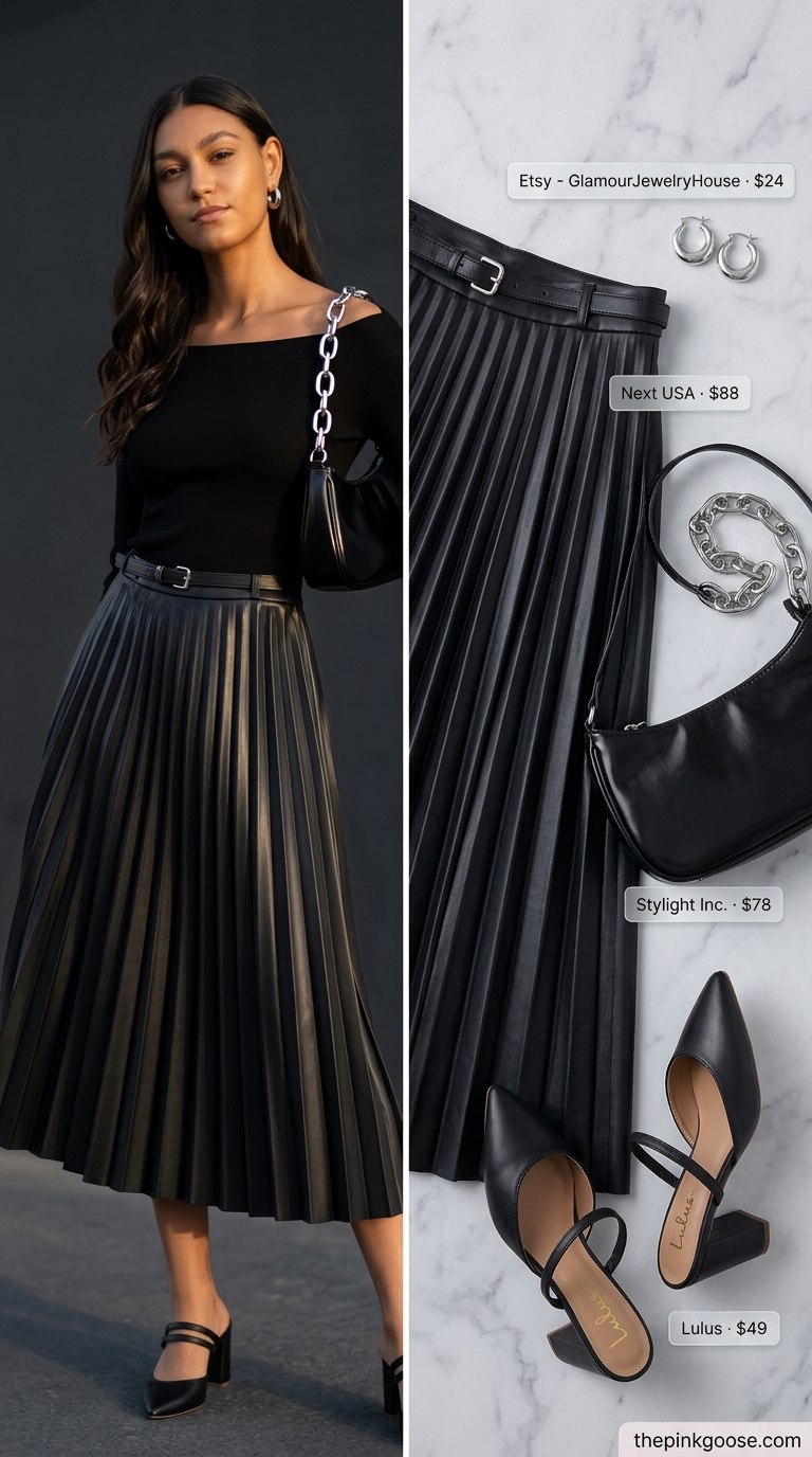 Modern minimalist outfit with black faux leather pleated skirt, charcoal tank top, and silver hoops. Summer pleated skirt outfits 2026.