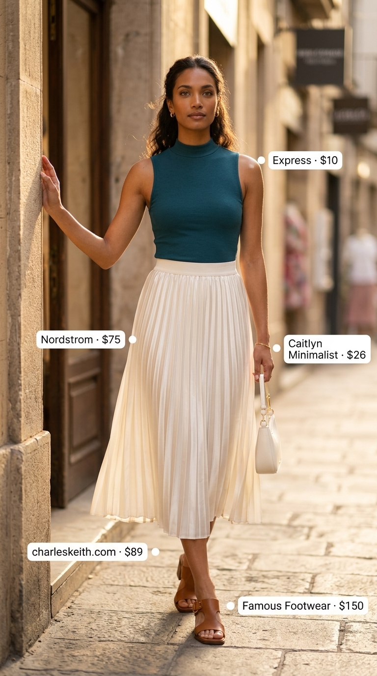 Riviera chic outfit with white pleated midi skirt, navy mock neck top, and tan heeled sandals. Summer pleated skirt outfits 2026.