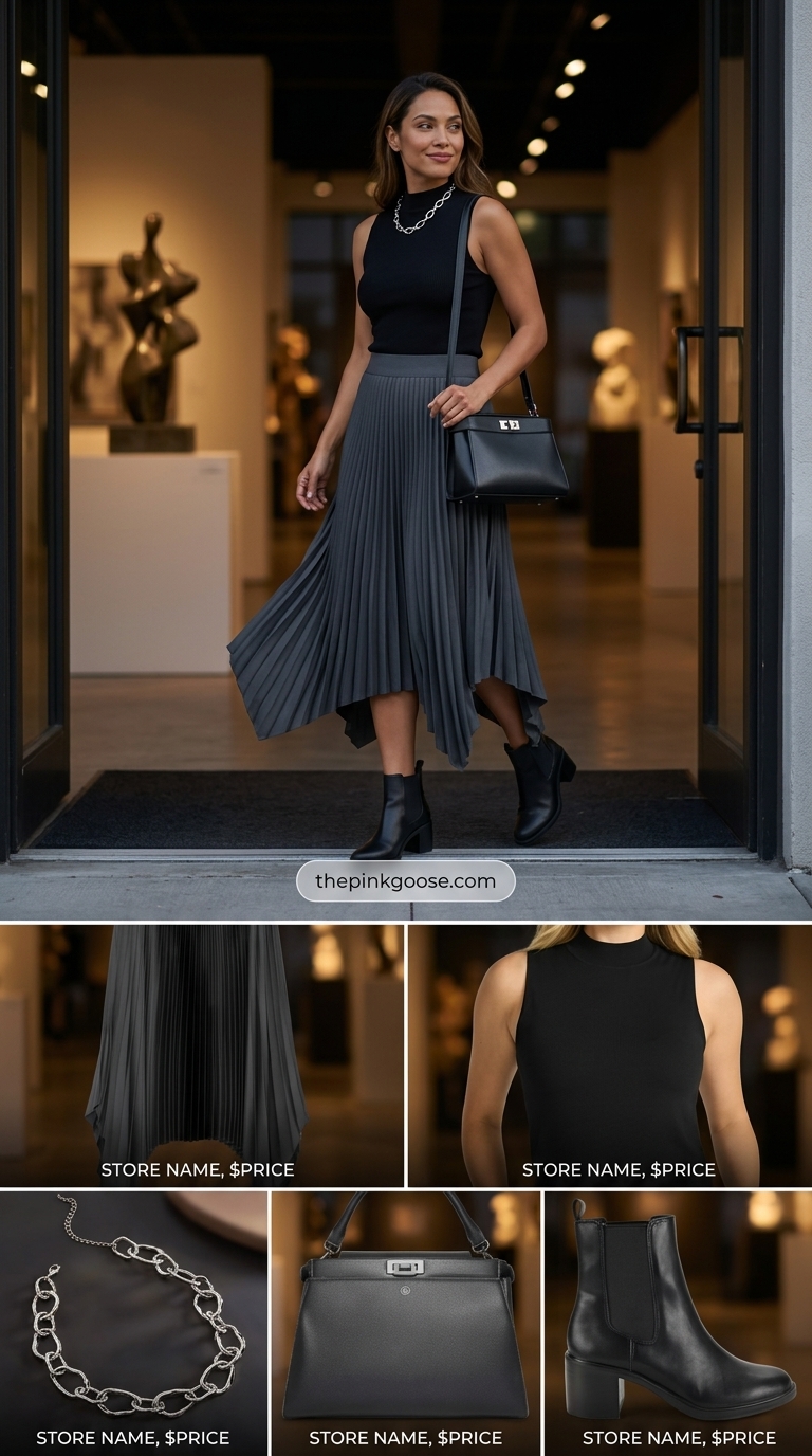 Edgy charcoal grey pleated midi skirt outfit: Black mock neck top, leather boots for evening.