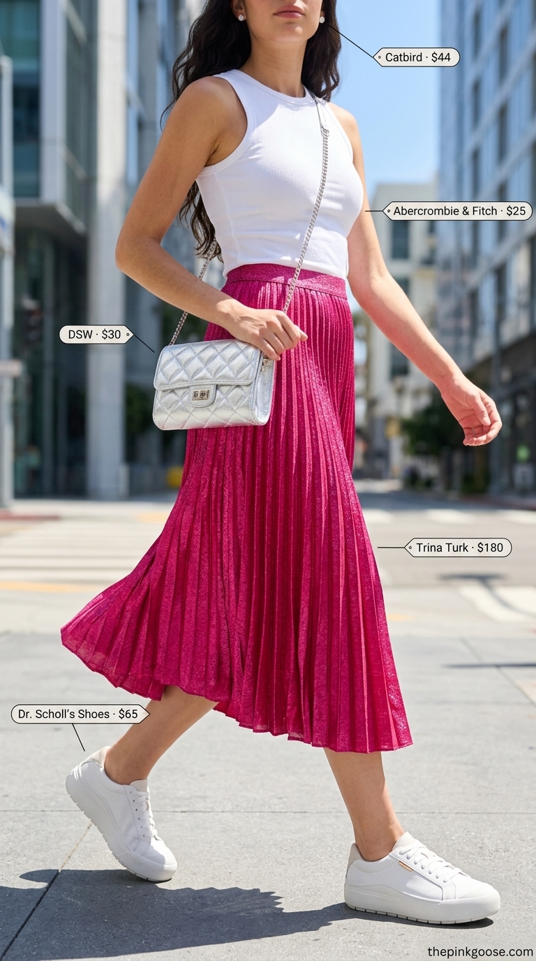Vibrant fuchsia pink pleated midi skirt outfit: White tank, sneakers for a city stroll.