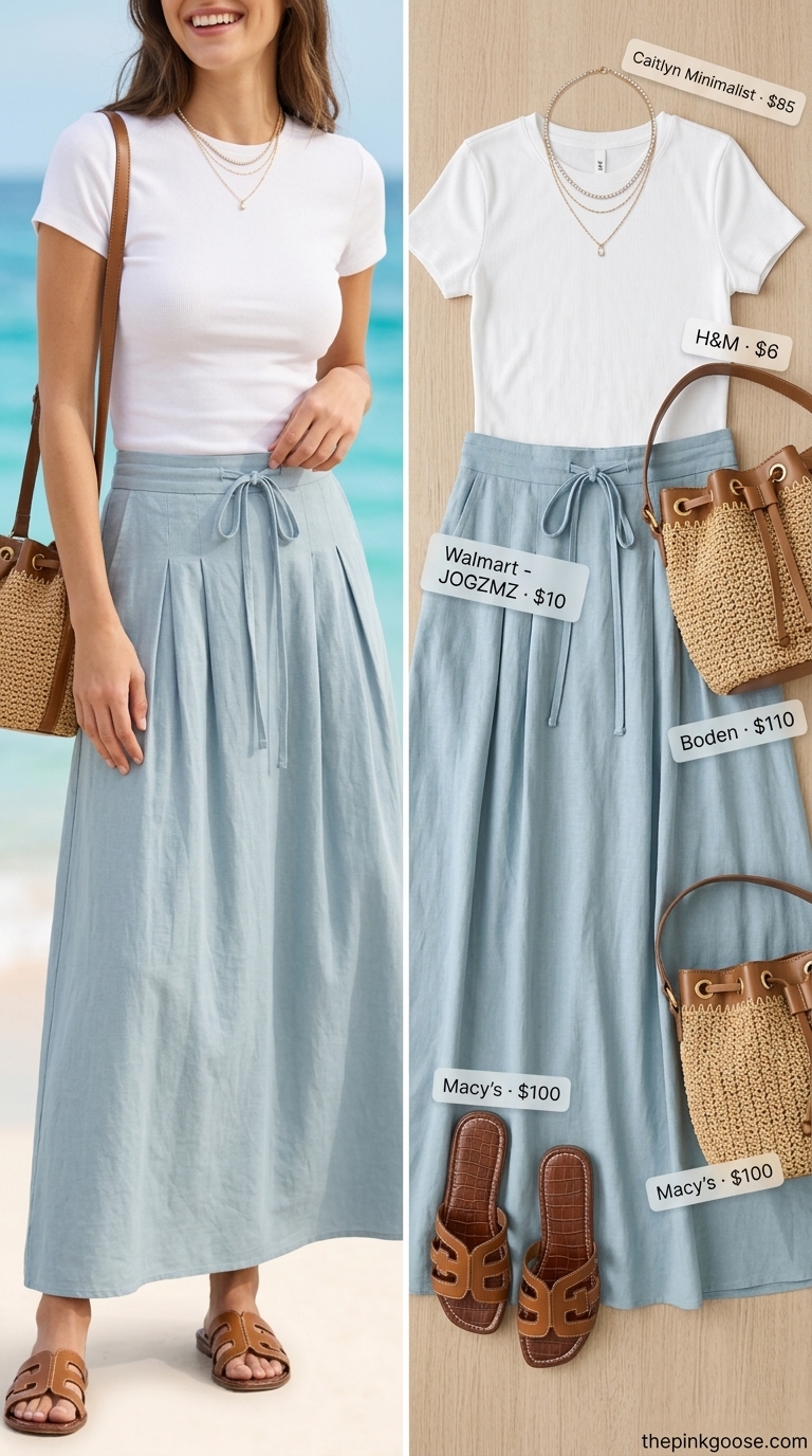 Vibrant vacation outfit with sky blue pleated maxi skirt, white t-shirt, and straw bucket bag. Summer pleated skirt outfits 2026.
