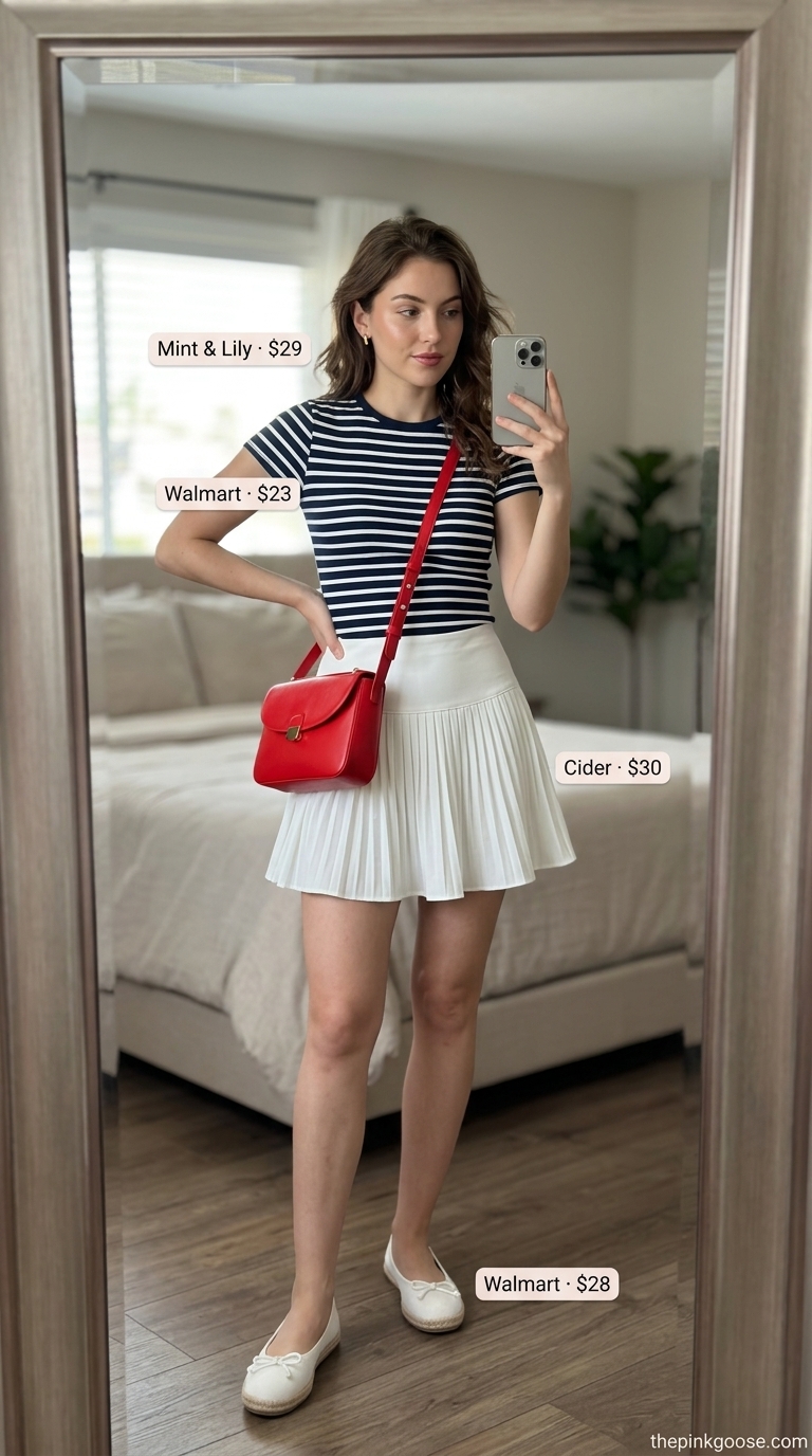 Preppy white pleated mini skirt outfit: Navy stripe top, red crossbody bag for weekend brunch.