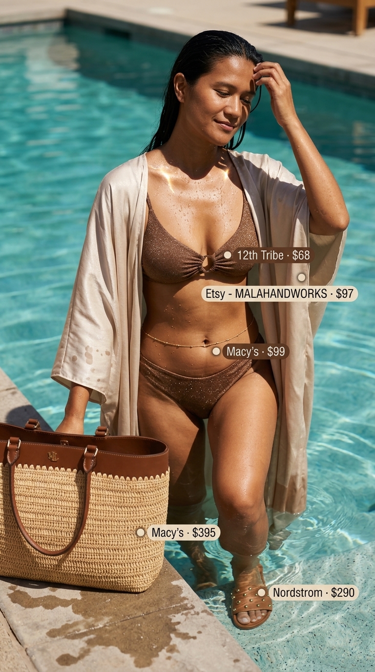 Shimmering bronze metallic bikini with silk caftan and raffia tote for a luxurious desert pool party. Summer pool party bikini outfits 2026.