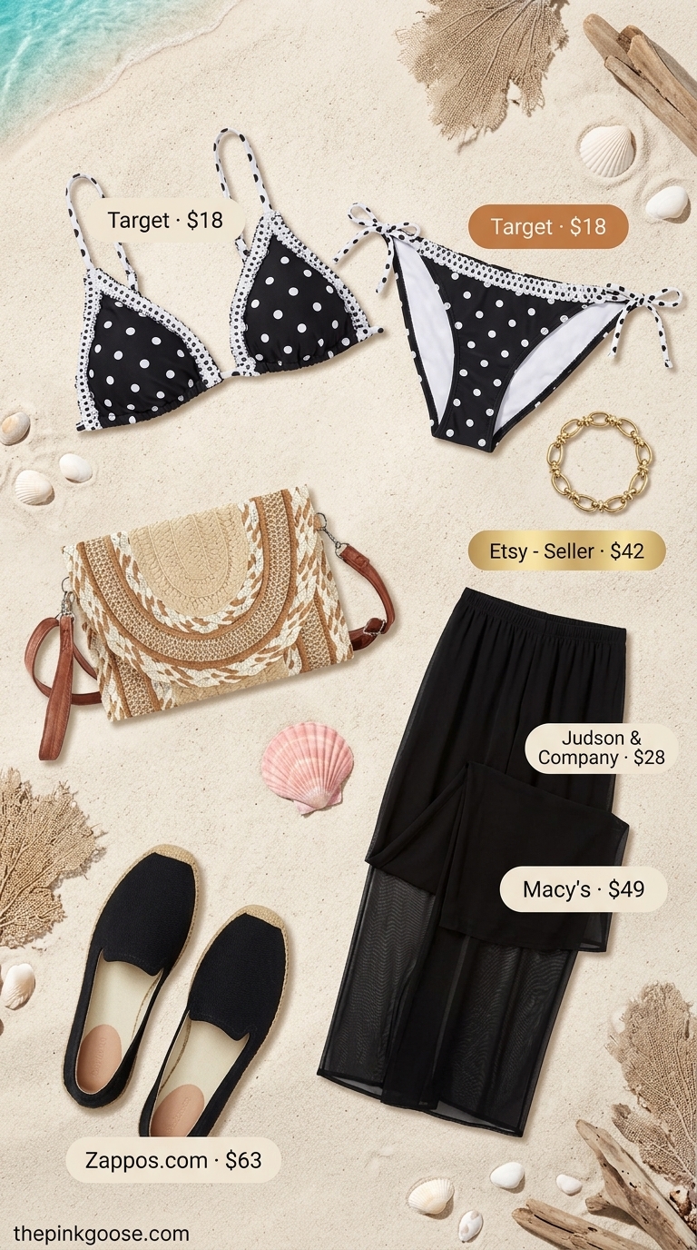 Playful polka dot bikini with mesh cover-up, espadrilles, and straw bag for a fun pool party. Summer pool party bikini outfits 2026.