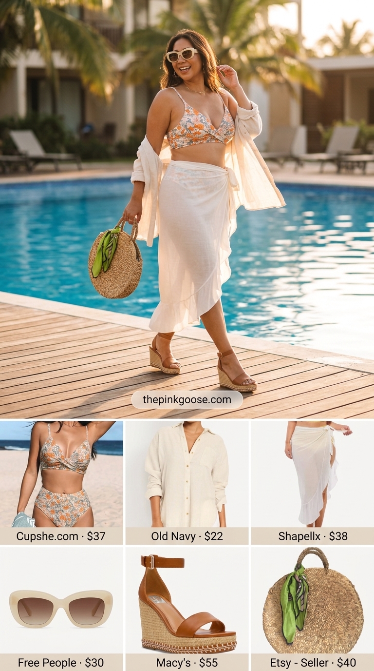 Retro floral bikini with linen shirt, straw tote, and espadrilles for a charming poolside look. Summer pool party bikini outfits 2026.