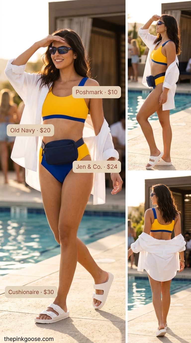 Sporty color-block bikini with white button-down and slides for an active pool party look. Summer pool party bikini outfits 2026.