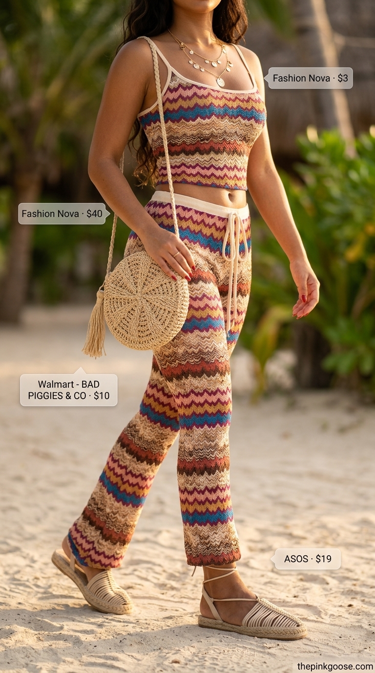 Terracotta crochet knit set with wide-leg pants and straw bag for women 2026 resort wear.
