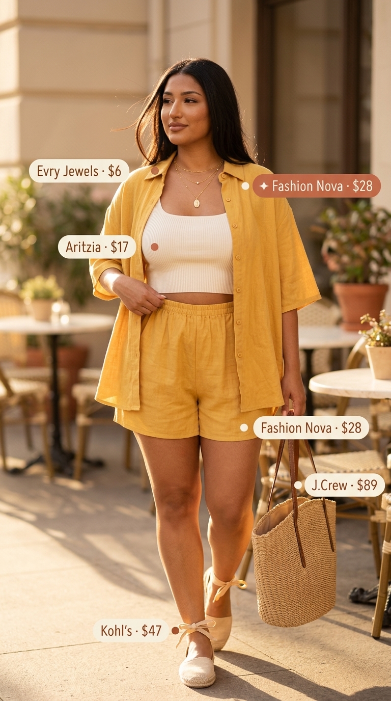 Butter yellow linen set for women 2026, perfect for summer brunch or vacation. Relaxed and cheerful.