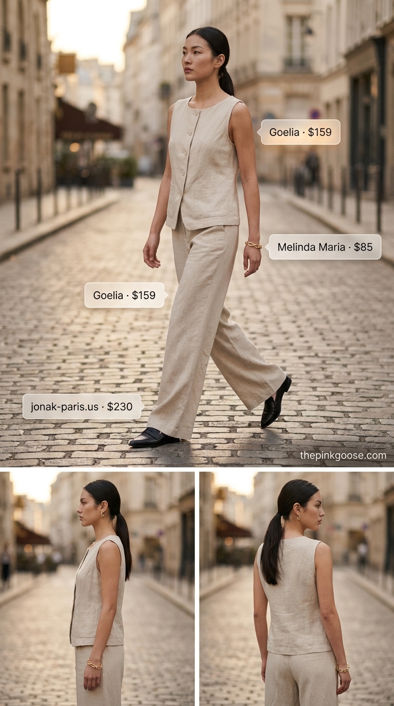 Chic cream linen set for women 2026: Vest, wide-leg trousers, black loafers, structured bag, gold bracelet.