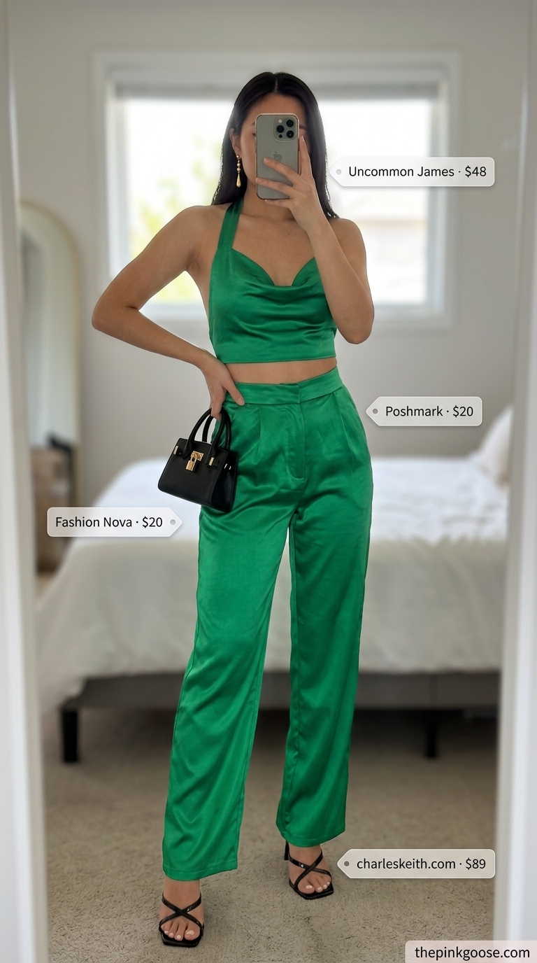 Emerald green satin set for women 2026: Halter crop top, wide-leg pants, gold earrings, black heels.
