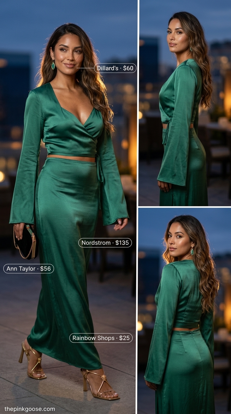 Emerald green satin maxi set for women 2026, perfect for date night or summer parties. Glamorous gold heels and clutch.