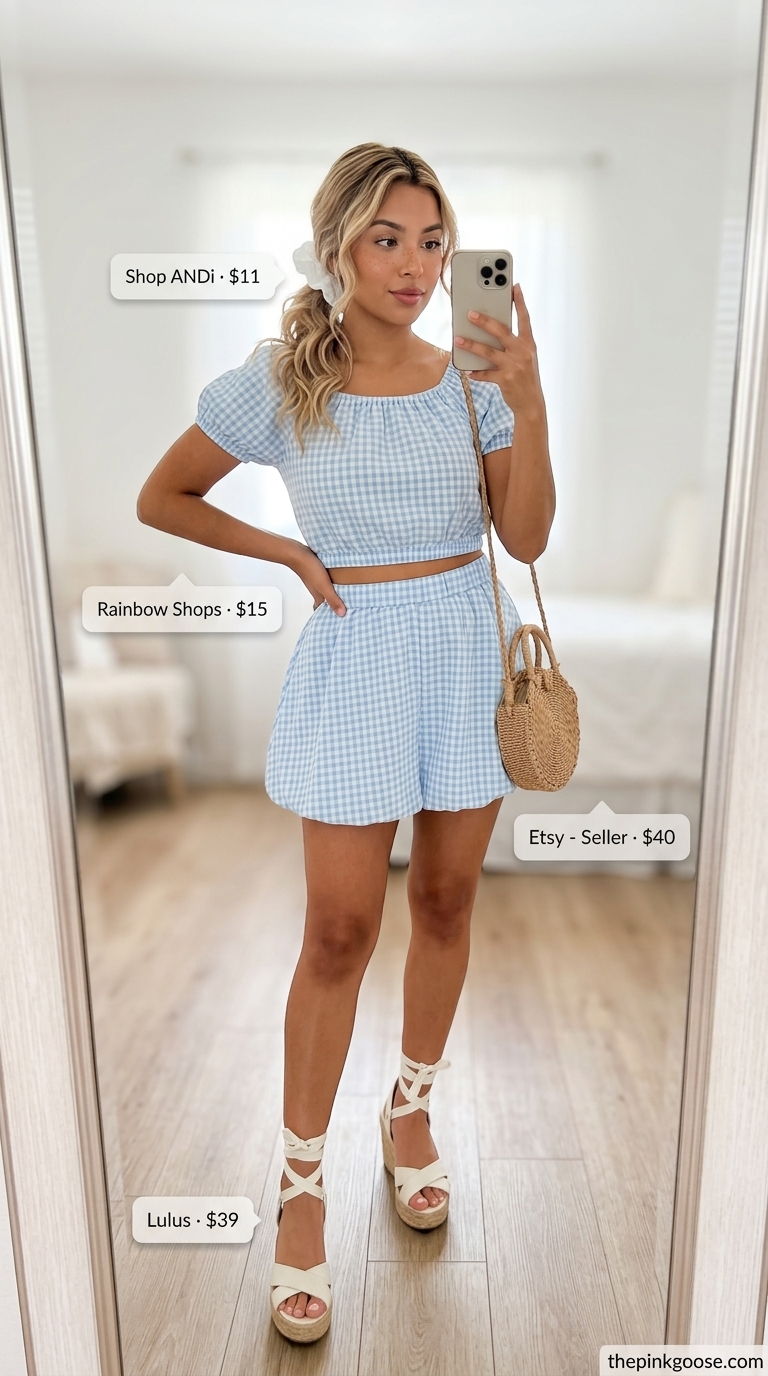 Gingham set for women 2026: Blue puff-sleeve crop top, mini skirt, espadrilles, straw crossbody bag.