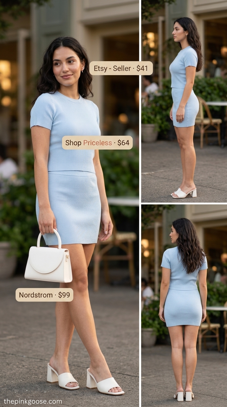 Pastel blue knit set for women 2026: Ribbed crop top, A-line midi skirt, silver earrings, white mules.