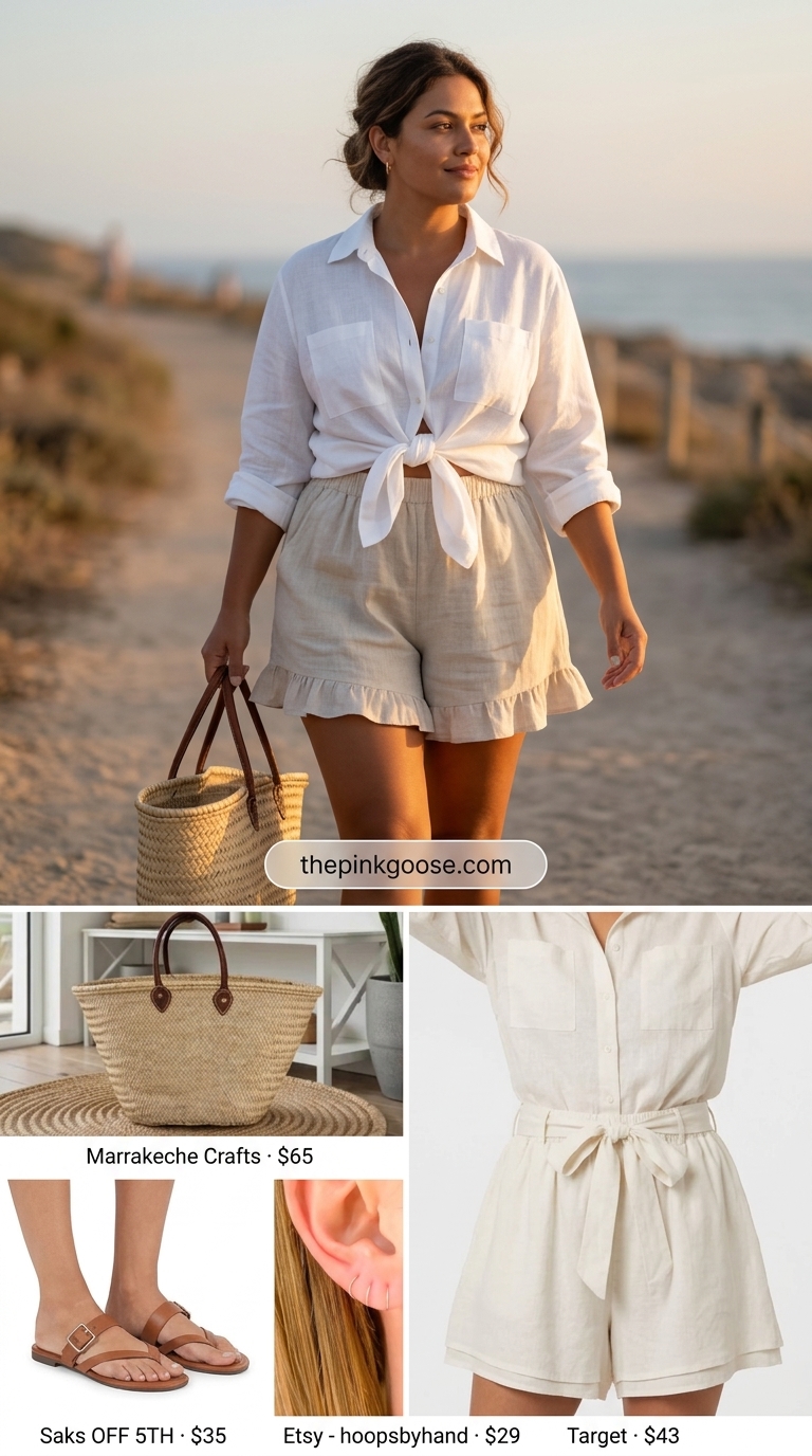 Effortless white poplin set for women 2026: Oversized shirt, tailored shorts, straw tote, leather slides.