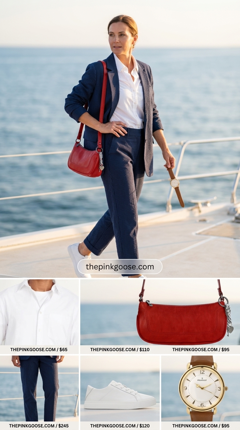 Preppy navy stripe set for women 2026: Seersucker blazer, shorts, white shirt, red bag, sneakers.