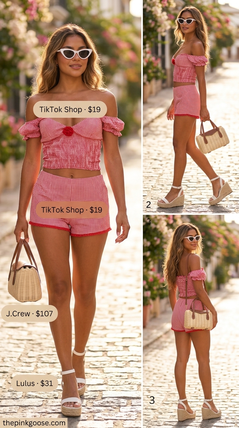 Red gingham set for women 2026: Puff-sleeve crop top, mini skirt, espadrilles, wicker bag.